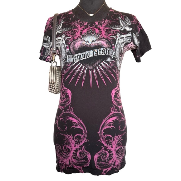 Sinful Tops - Sinful Woman’s Large Black Short Sleeve Tee with Pink Accents & Birds